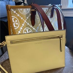 Tory Burch Cream Leather Crossbody with Logo-Print Tote Accent